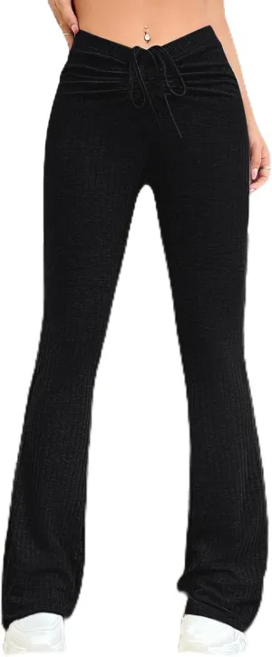 Verdusa Women's Ruched Flare Wide Leg Yoga Scrub Lounge Pants Drawstring High Waisted Knitted Bell Bottoms
