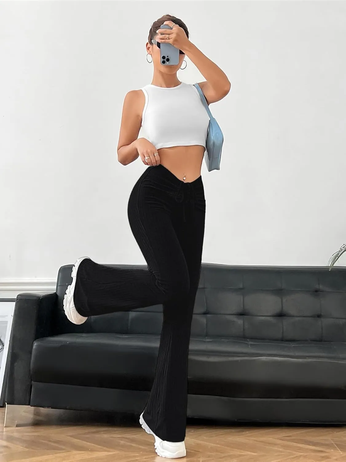 Verdusa Women's Ruched Flare Wide Leg Yoga Scrub Lounge Pants Drawstring High Waisted Knitted Bell Bottoms