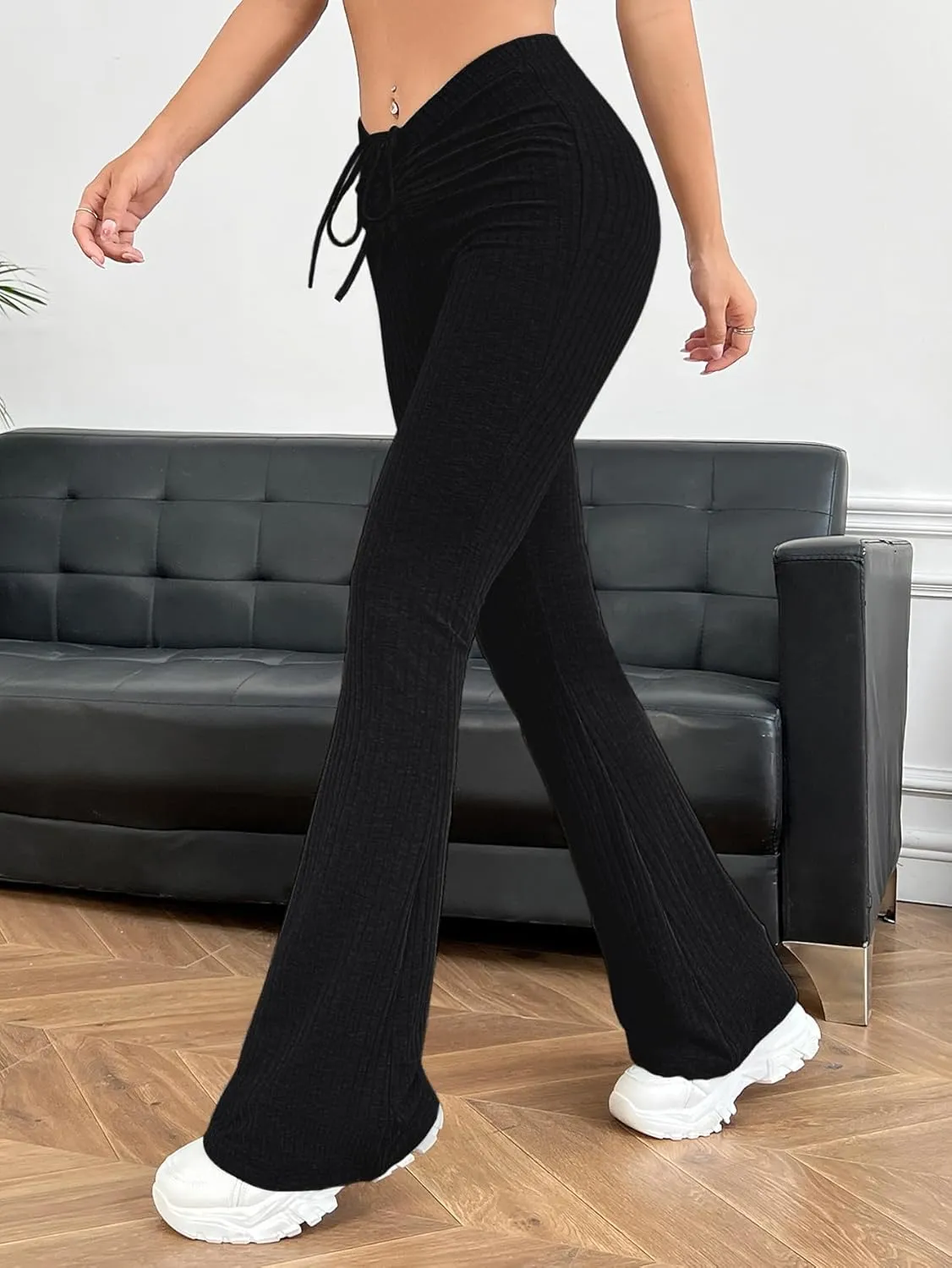 Verdusa Women's Ruched Flare Wide Leg Yoga Scrub Lounge Pants Drawstring High Waisted Knitted Bell Bottoms