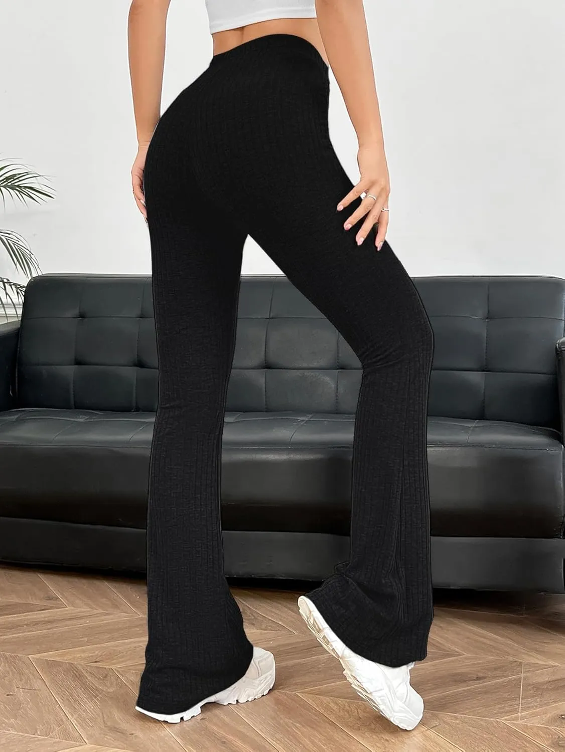 Verdusa Women's Ruched Flare Wide Leg Yoga Scrub Lounge Pants Drawstring High Waisted Knitted Bell Bottoms