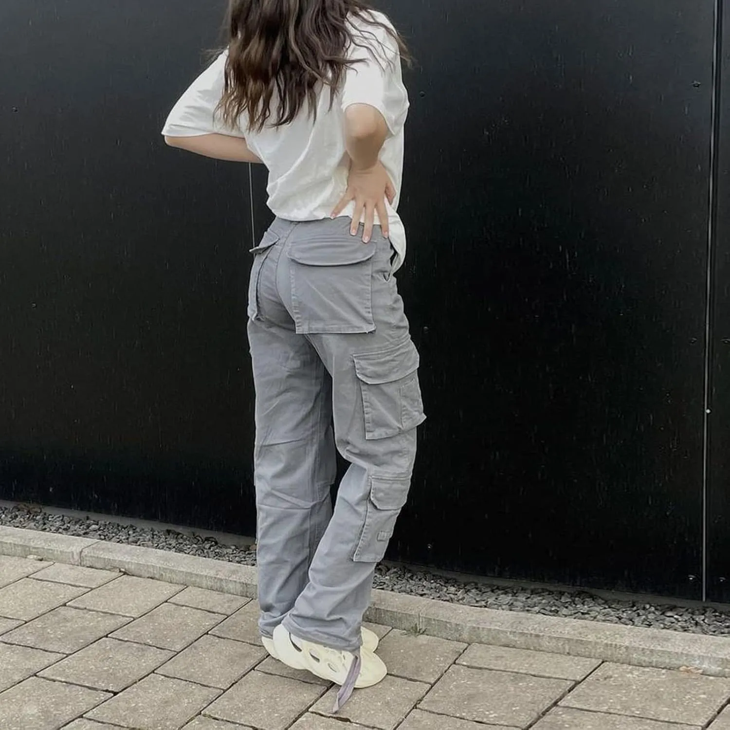 Viatabuna High Waisted Cargo Pants for Women Baggy Y2k Straight Wide Leg Pants with Pockets Streetwear