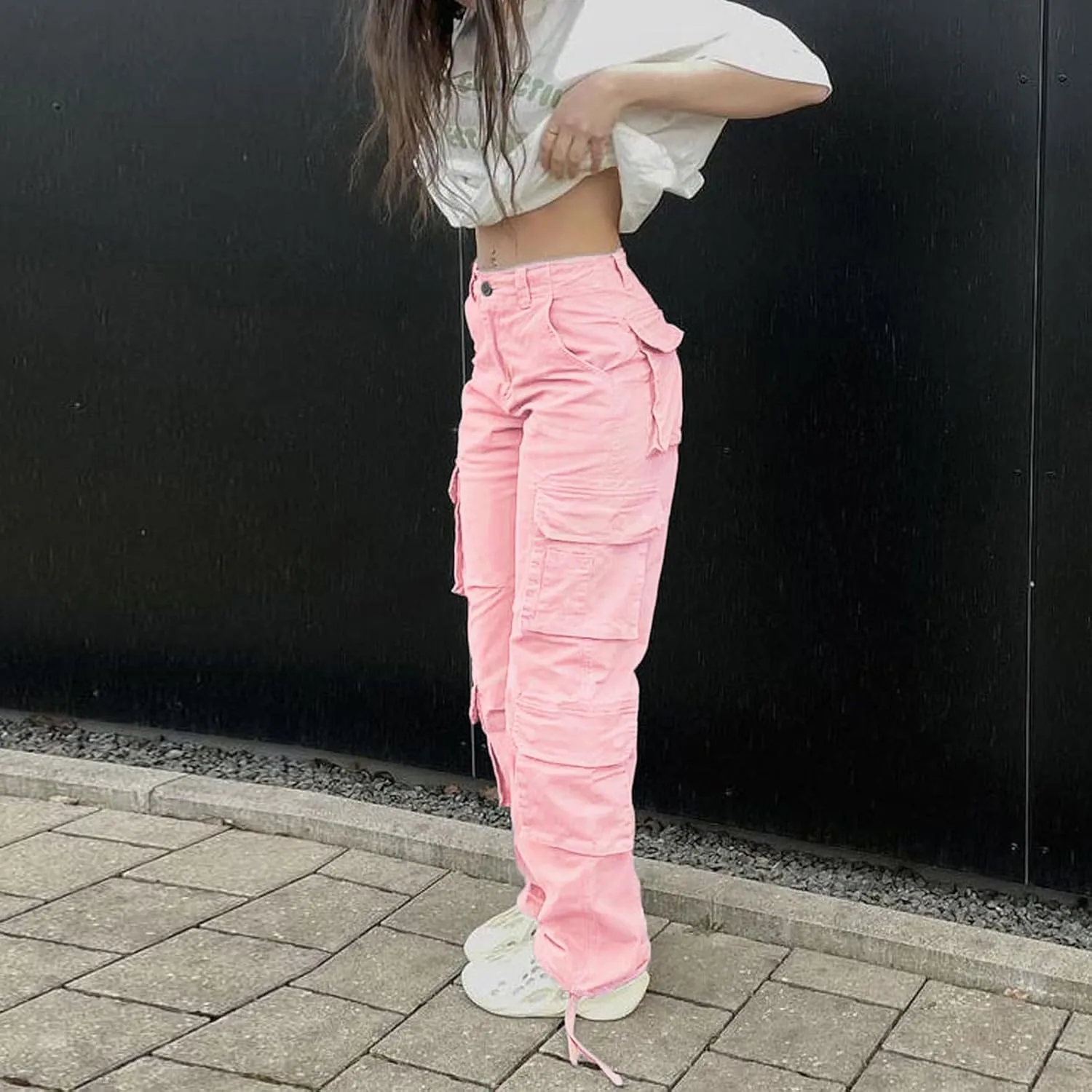 Viatabuna High Waisted Cargo Pants for Women Baggy Y2k Straight Wide Leg Pants with Pockets Streetwear