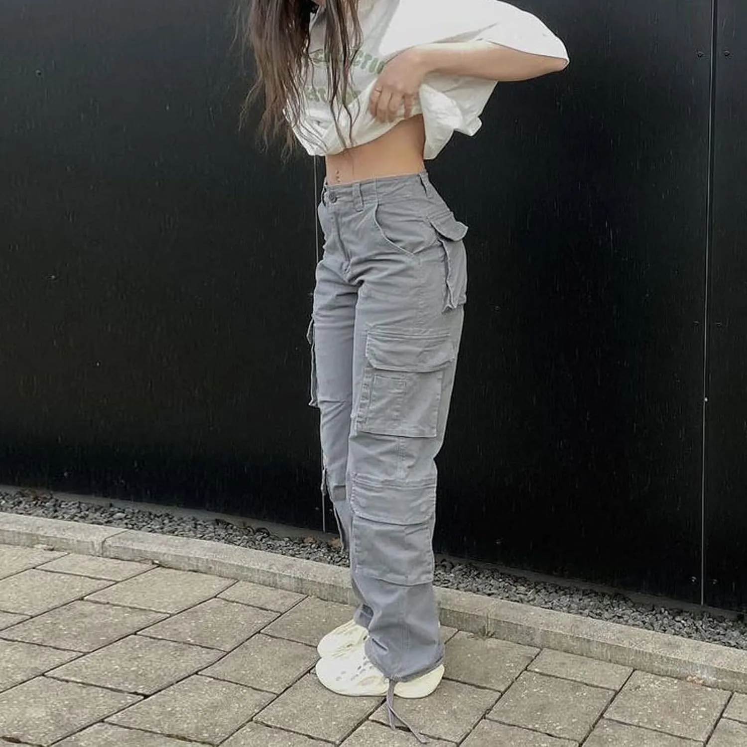 Viatabuna High Waisted Cargo Pants for Women Baggy Y2k Straight Wide Leg Pants with Pockets Streetwear