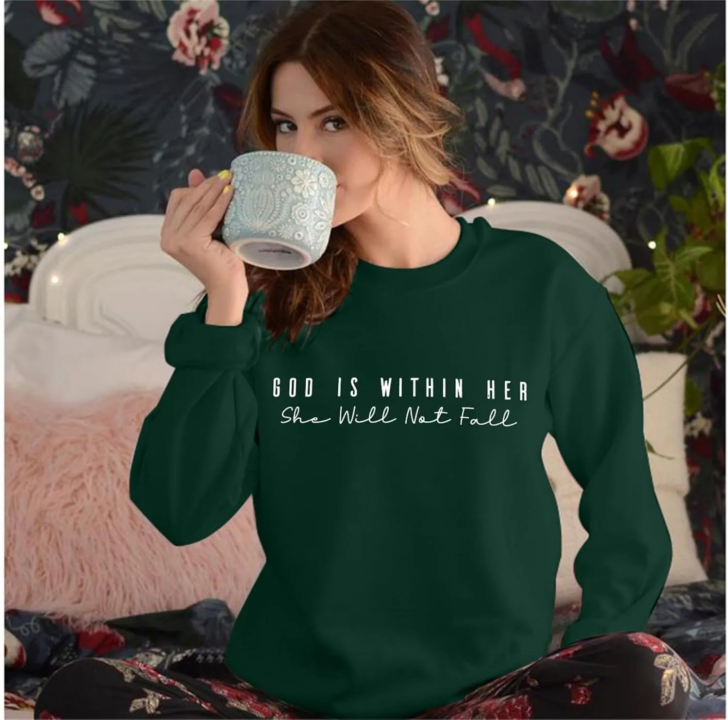 VILOVE Christian Sweatshirt Women Bible Verse Pullover Christian God Is Within Her Long Sleeve Inspirational Blouse Top