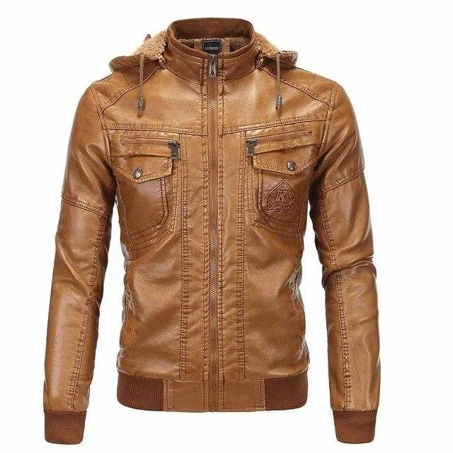Vintage Windproof Motorcycle PU Leather Inner Plucking Hooded Men's Jackets