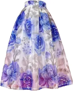 Vsadsau Women Elegant High Waist Skirt Long Pleated Midi Skirt Aesthetic Floral Print Skirt