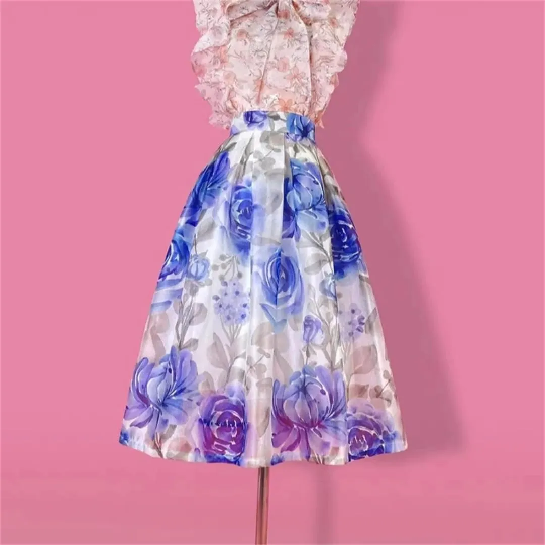 Vsadsau Women Elegant High Waist Skirt Long Pleated Midi Skirt Aesthetic Floral Print Skirt