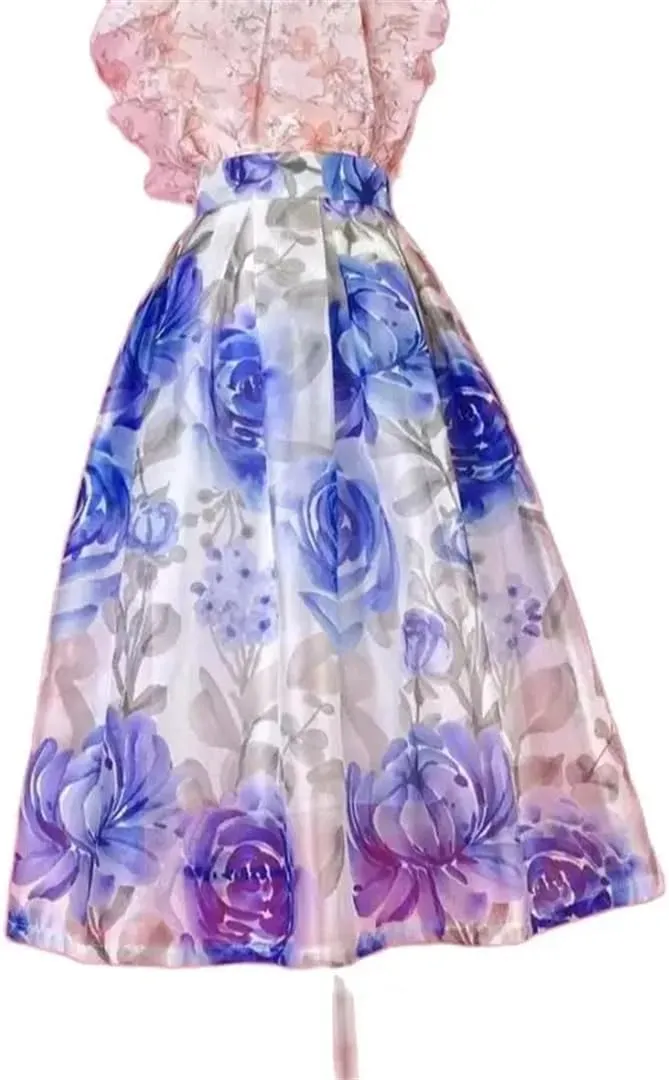 Vsadsau Women Elegant High Waist Skirt Long Pleated Midi Skirt Aesthetic Floral Print Skirt