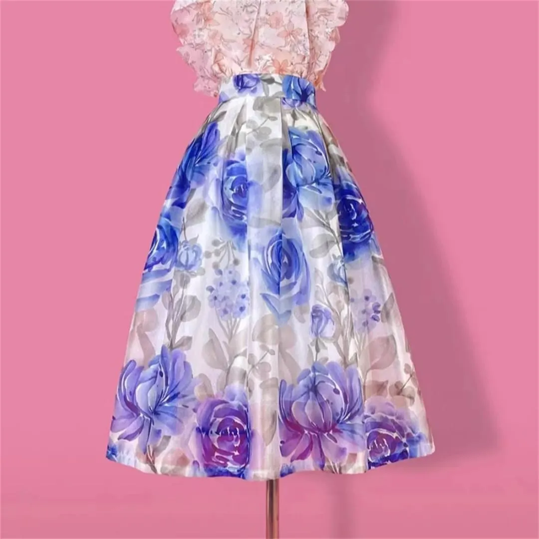 Vsadsau Women Elegant High Waist Skirt Long Pleated Midi Skirt Aesthetic Floral Print Skirt