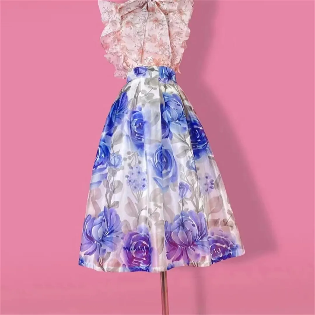 Vsadsau Women Elegant High Waist Skirt Long Pleated Midi Skirt Aesthetic Floral Print Skirt