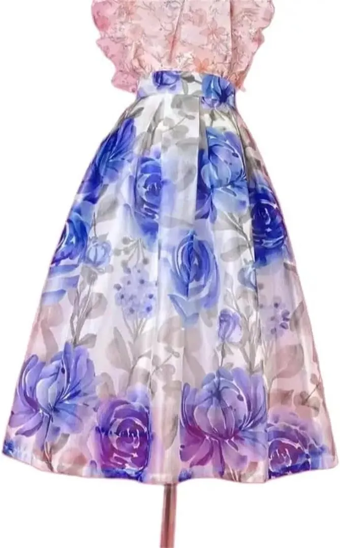 Vsadsau Women Elegant High Waist Skirt Long Pleated Midi Skirt Aesthetic Floral Print Skirt