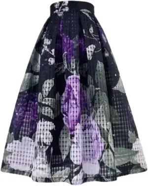 Vsadsau Women Elegant High Waist Skirt Long Pleated Midi Skirt Aesthetic Print Organza Skirt