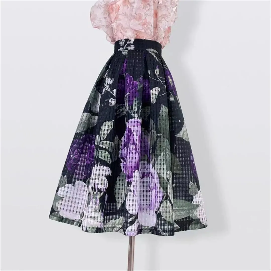 Vsadsau Women Elegant High Waist Skirt Long Pleated Midi Skirt Aesthetic Print Organza Skirt