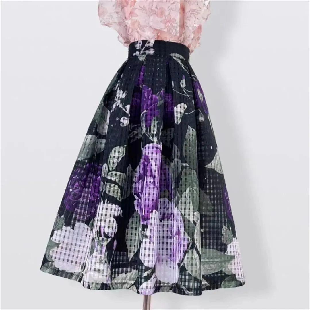 Vsadsau Women Elegant High Waist Skirt Long Pleated Midi Skirt Aesthetic Print Organza Skirt