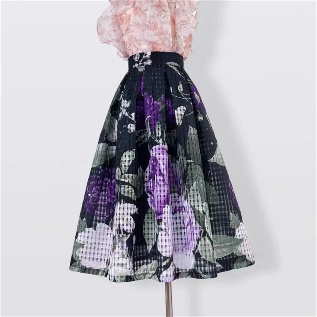 Vsadsau Women Elegant High Waist Skirt Long Pleated Midi Skirt Aesthetic Print Organza Skirt