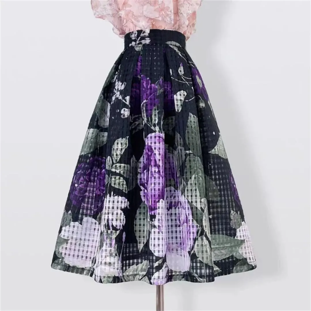 Vsadsau Women Elegant High Waist Skirt Long Pleated Midi Skirt Aesthetic Print Organza Skirt