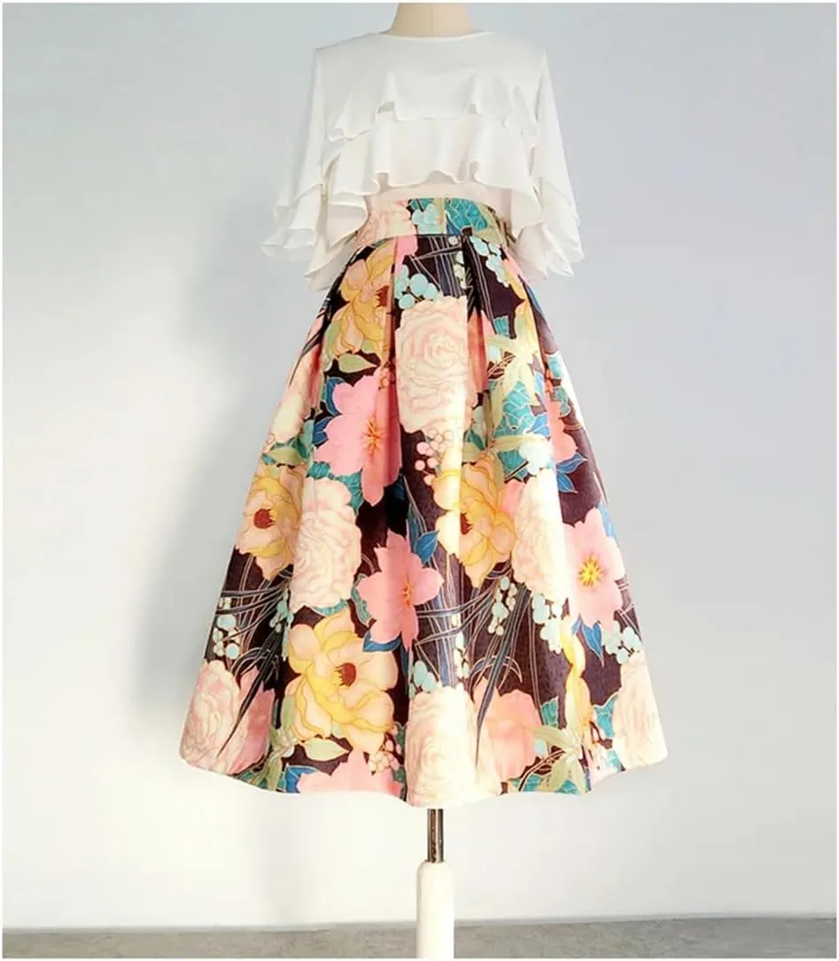 Vsadsau Women Print Pleated Skirt High Waist Basic A-Line Skirt Casual Midi Skirt Flared Stretch Skirt