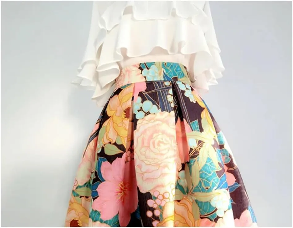 Vsadsau Women Print Pleated Skirt High Waist Basic A-Line Skirt Casual Midi Skirt Flared Stretch Skirt