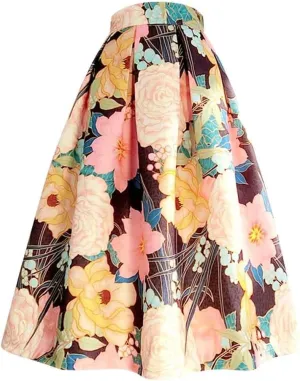 Vsadsau Women Print Pleated Skirt High Waist Basic A-Line Skirt Casual Midi Skirt Flared Stretch Skirt