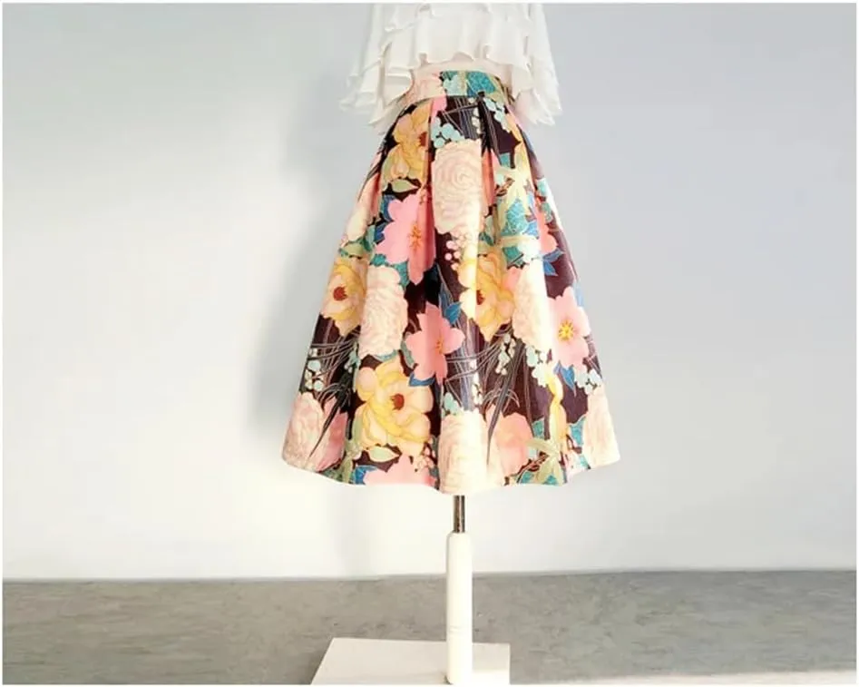 Vsadsau Women Print Pleated Skirt High Waist Basic A-Line Skirt Casual Midi Skirt Flared Stretch Skirt