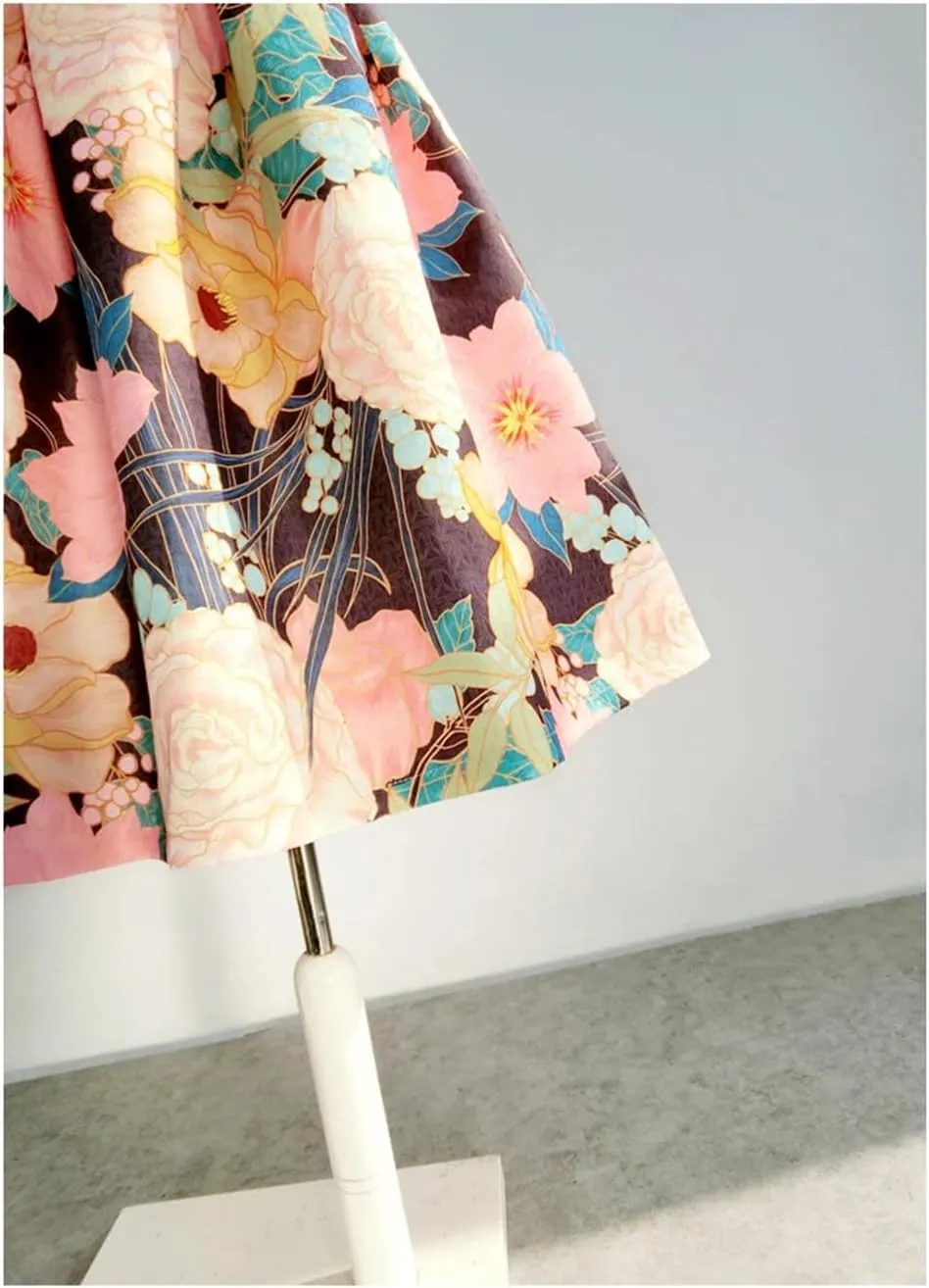 Vsadsau Women Print Pleated Skirt High Waist Basic A-Line Skirt Casual Midi Skirt Flared Stretch Skirt