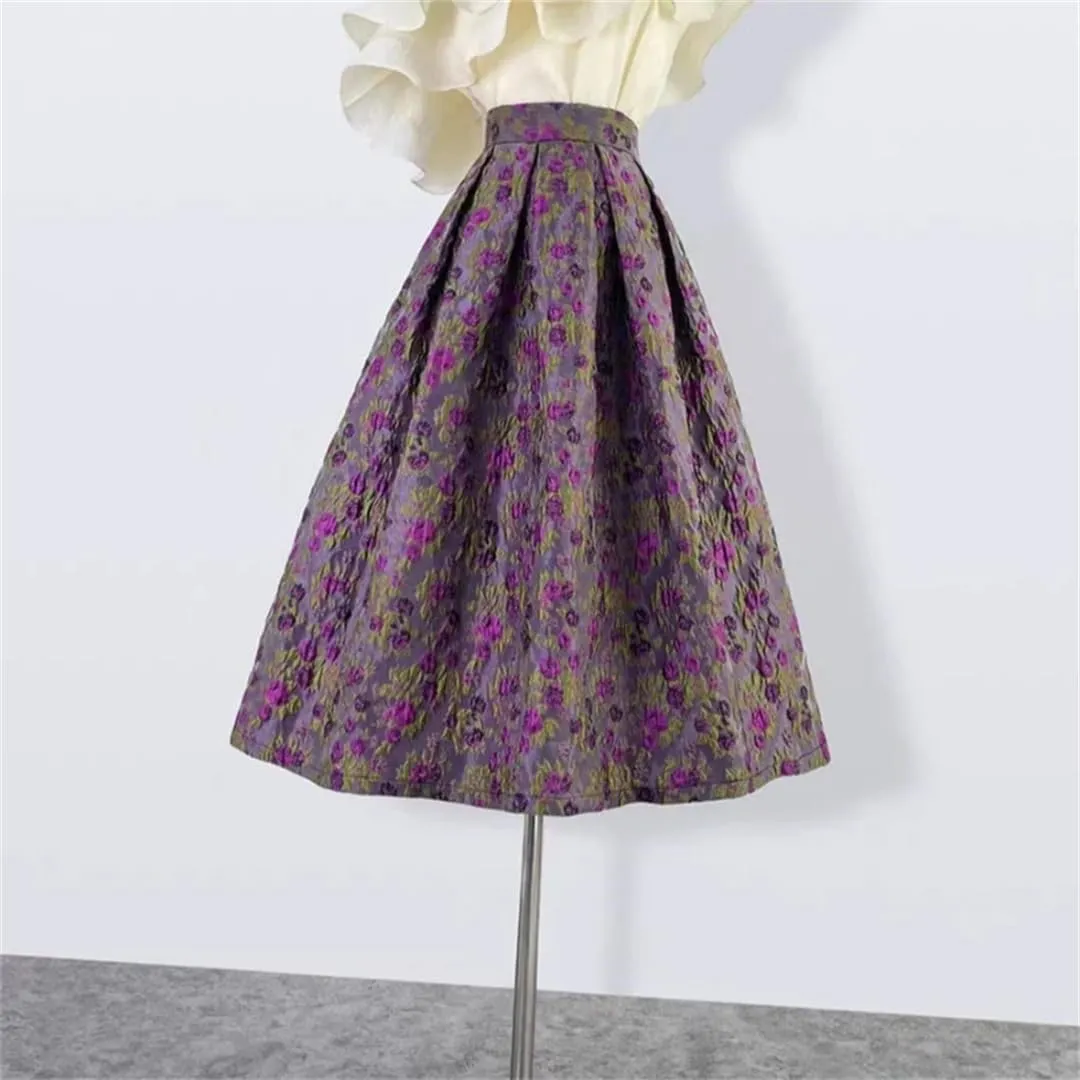 Vsadsau Women Retro Elegant Skirt High Waist Long Midi Skirt Printed Birthday Outfit Skirt
