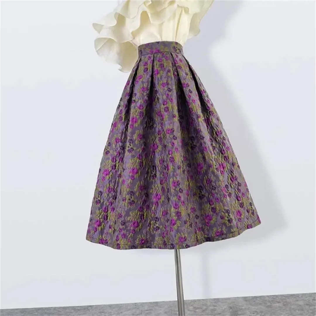 Vsadsau Women Retro Elegant Skirt High Waist Long Midi Skirt Printed Birthday Outfit Skirt