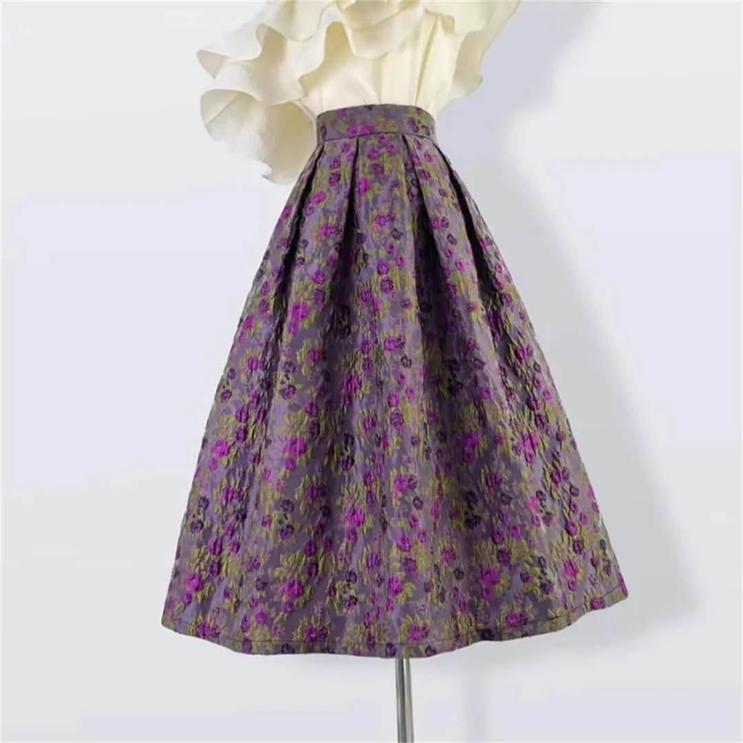 Vsadsau Women Retro Elegant Skirt High Waist Long Midi Skirt Printed Birthday Outfit Skirt