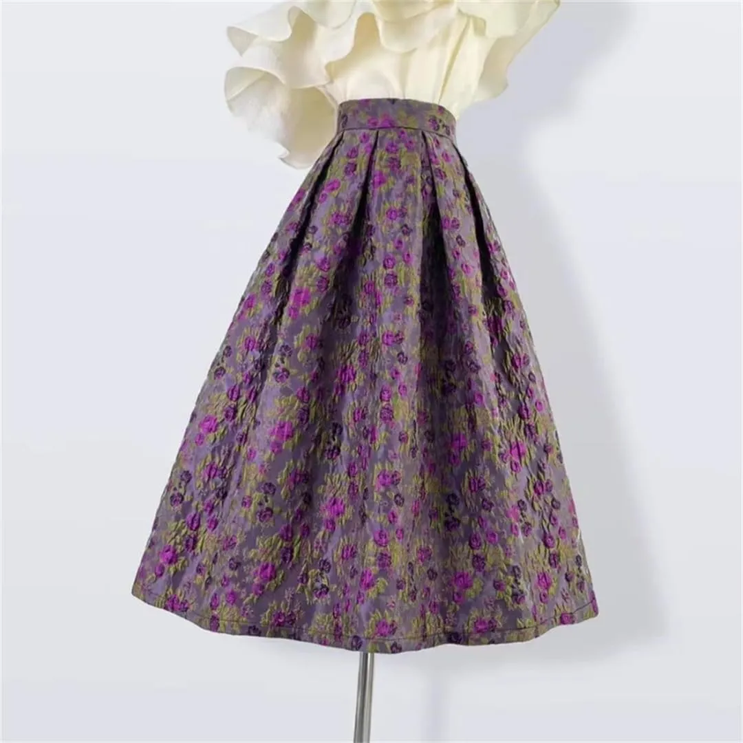 Vsadsau Women Retro Elegant Skirt High Waist Long Midi Skirt Printed Birthday Outfit Skirt