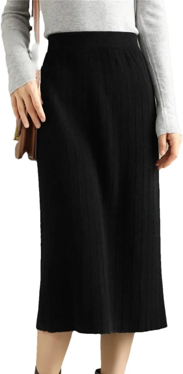 Vsadsau Women Wool Pleated Skirt High Waist Office Lady Skirt Merino Wool Solid Knee-Length Skirt