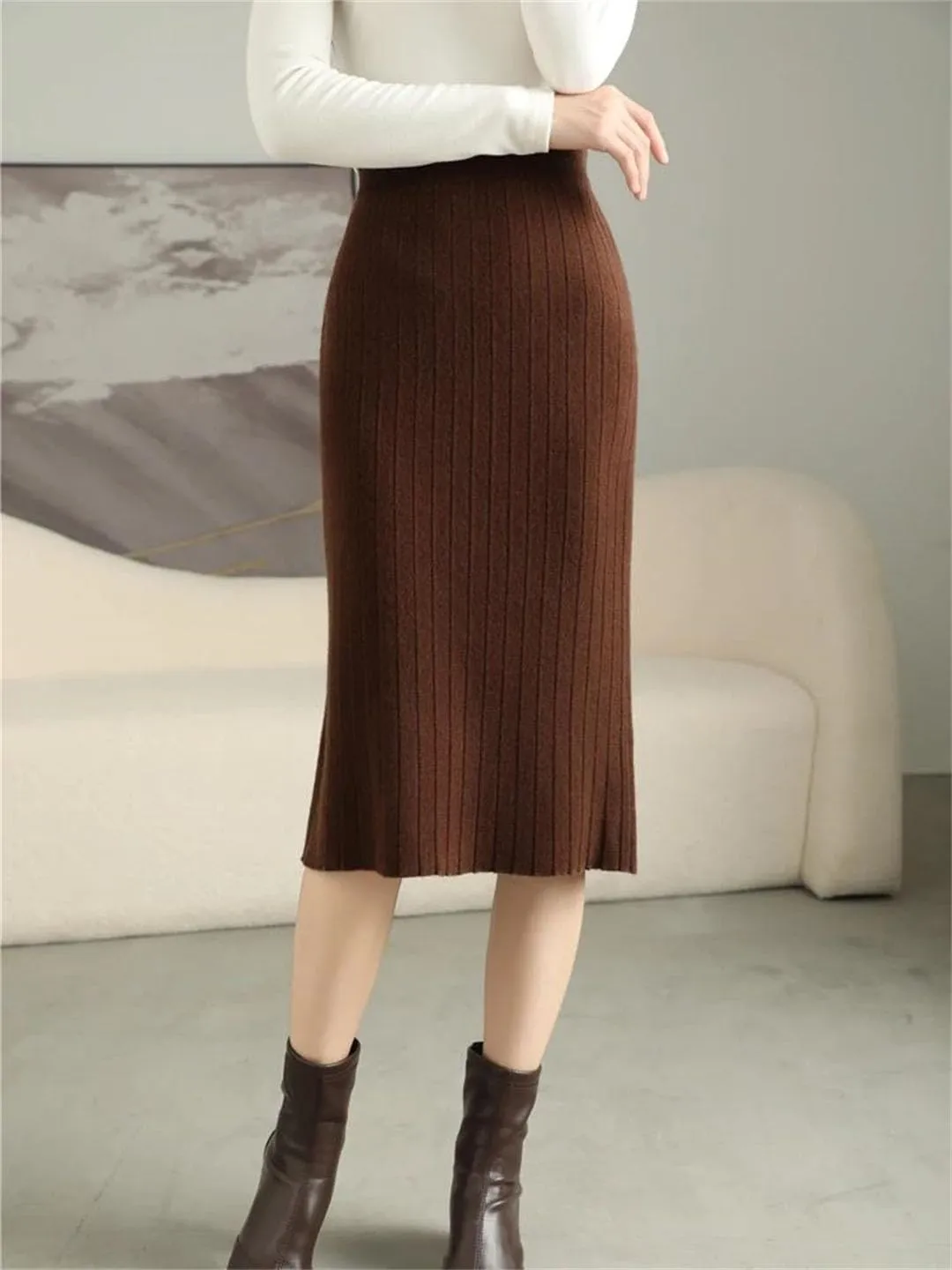 Vsadsau Women Wool Pleated Skirt High Waist Office Lady Skirt Merino Wool Solid Knee-Length Skirt