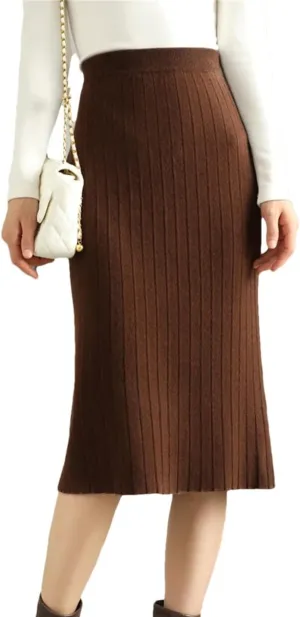 Vsadsau Women Wool Pleated Skirt High Waist Office Lady Skirt Merino Wool Solid Knee-Length Skirt