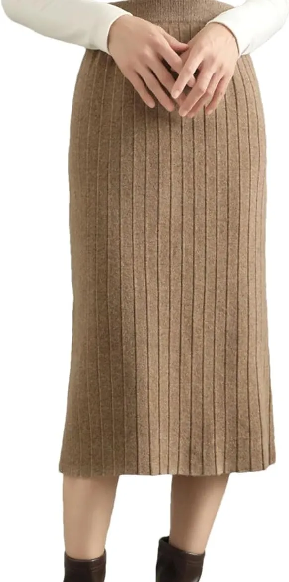 Vsadsau Women Wool Pleated Skirt High Waist Office Lady Skirt Merino Wool Solid Knee-Length Skirt