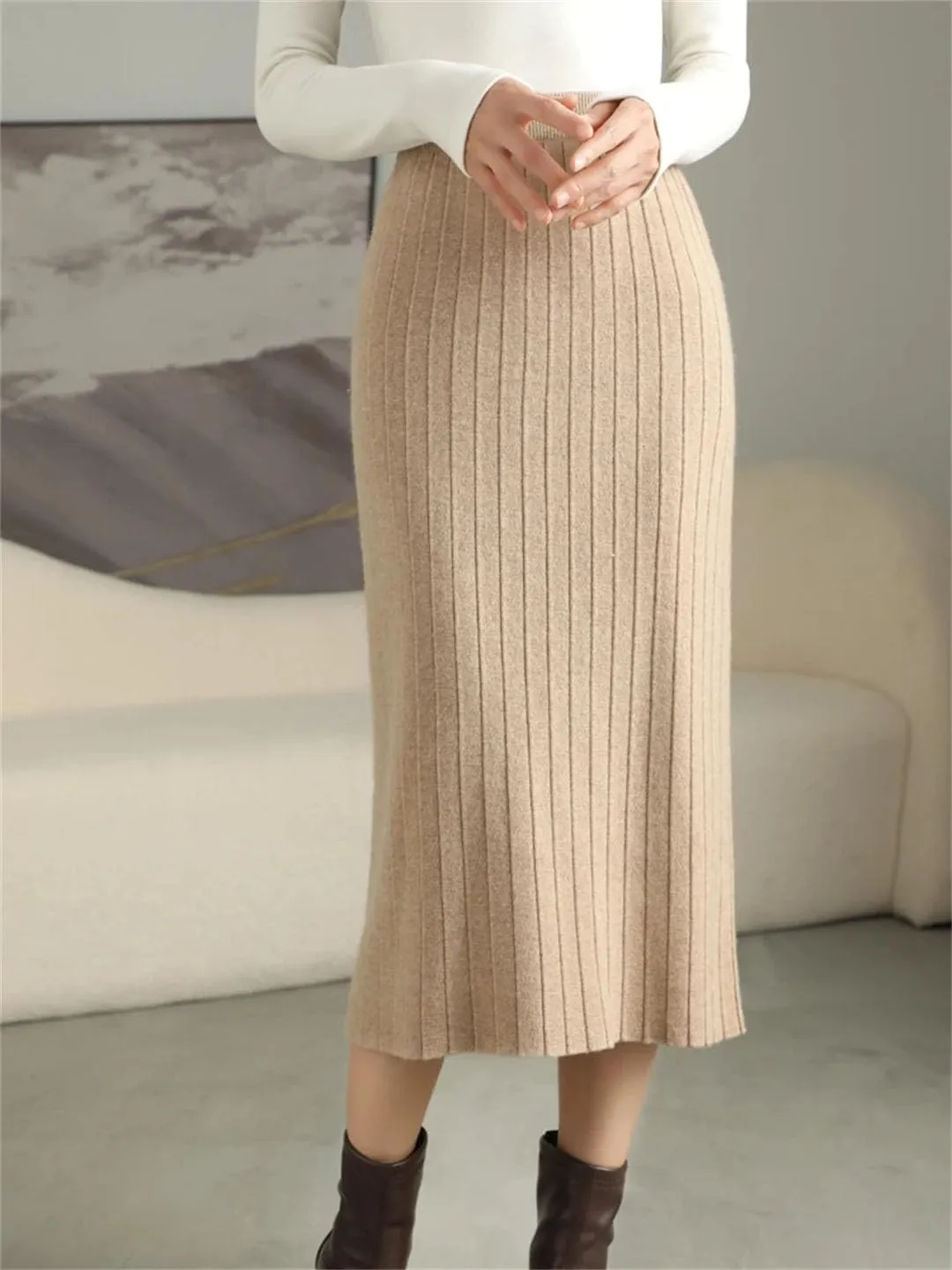 Vsadsau Women Wool Pleated Skirt High Waist Office Lady Skirt Merino Wool Solid Knee-Length Skirt