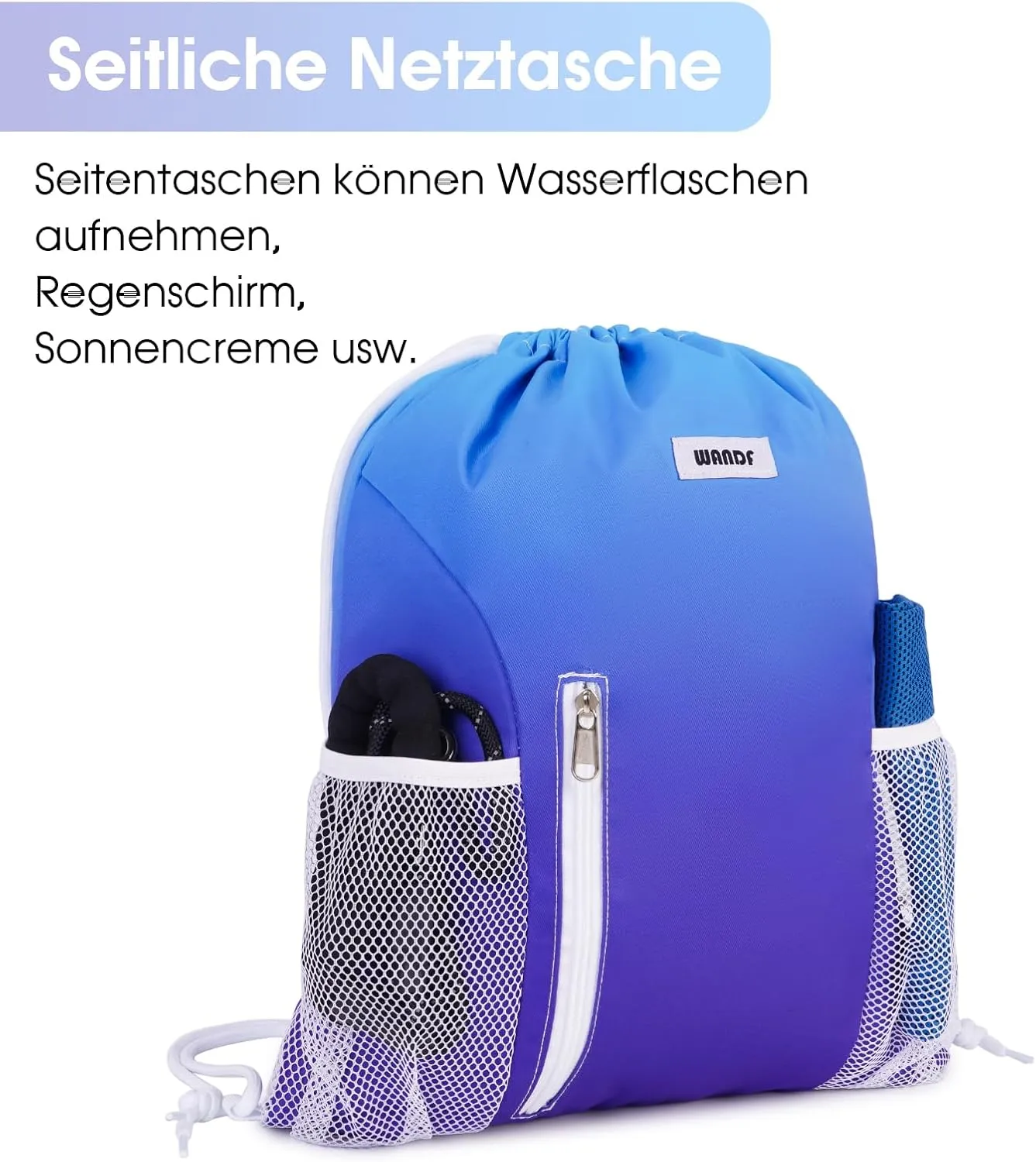 WANDF Drawstring Backpack Sports Gym Sackpack with Mesh Pockets Water Resistant String Bag for Women Men (Blue)