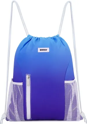 WANDF Drawstring Backpack Sports Gym Sackpack with Mesh Pockets Water Resistant String Bag for Women Men (Blue)