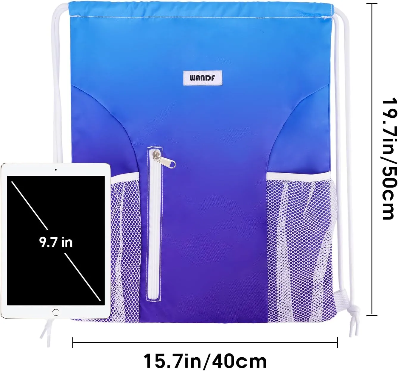 WANDF Drawstring Backpack Sports Gym Sackpack with Mesh Pockets Water Resistant String Bag for Women Men (Blue)