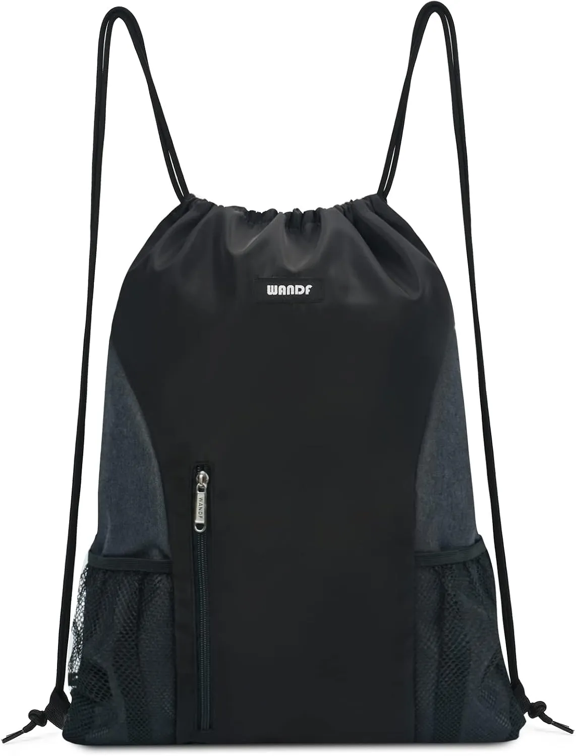WANDF Drawstring Backpack Sports Gym Sackpack with Mesh Pockets Water Resistant String Bag for Women Men(Black)