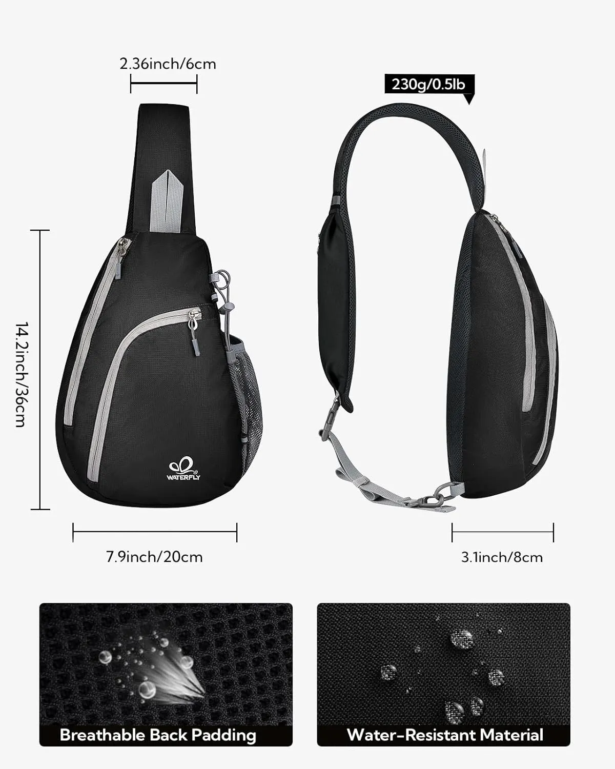 WATERFLY Crossbody Sling Bag Small Water Resistant Backpack Lightweight Shoulder Chest Daypack for Men Women Hiking Travel