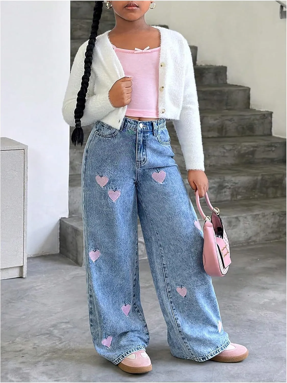 WDIRARA Girl's Heart Embroidered Y2k Denim Pants Elastic High Waist Wide Leg Jeans with Pockets