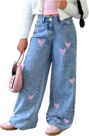 WDIRARA Girl's Heart Embroidered Y2k Denim Pants Elastic High Waist Wide Leg Jeans with Pockets
