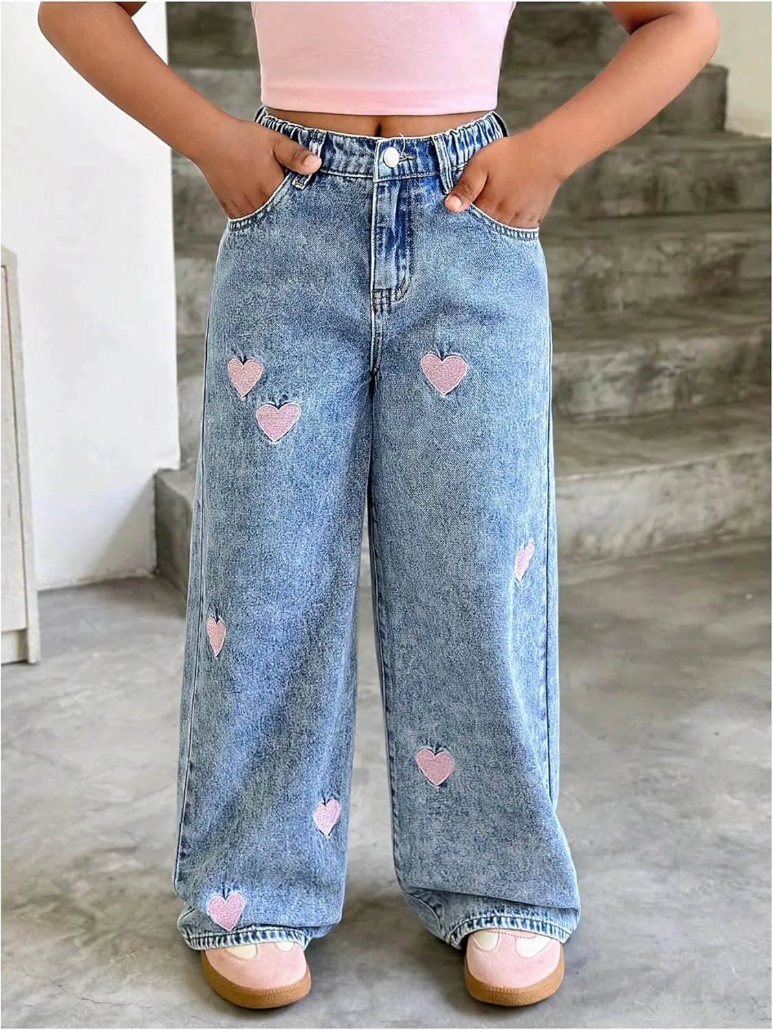 WDIRARA Girl's Heart Embroidered Y2k Denim Pants Elastic High Waist Wide Leg Jeans with Pockets