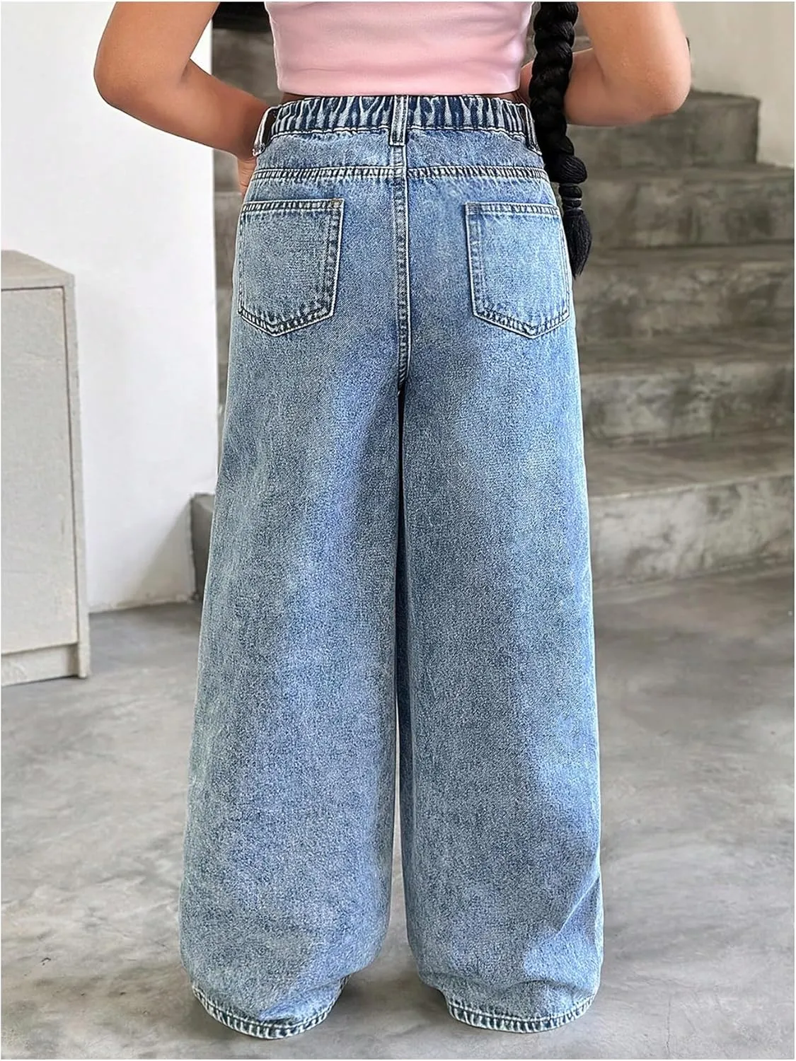 WDIRARA Girl's Heart Embroidered Y2k Denim Pants Elastic High Waist Wide Leg Jeans with Pockets