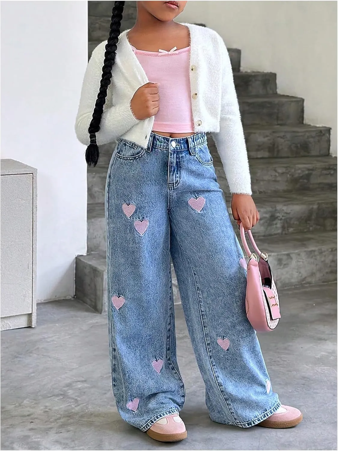 WDIRARA Girl's Heart Embroidered Y2k Denim Pants Elastic High Waist Wide Leg Jeans with Pockets
