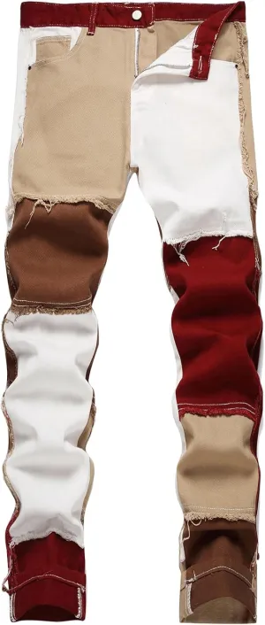 WDIRARA Men's Color Block Straight Leg Jeans Distressed Frayed Denim Pants with Pockets