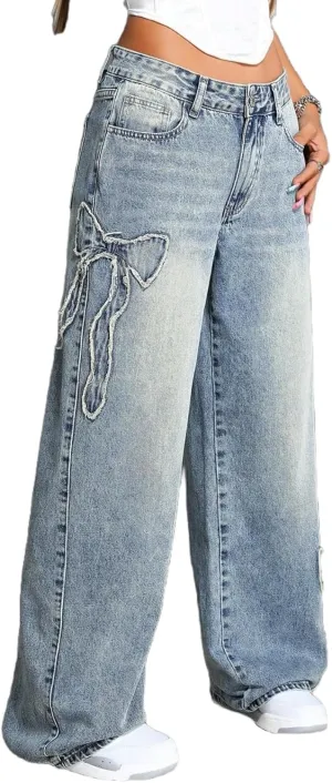 WDIRARA Women's Bowknot Patched Baggy Jeans Low Rise Straight Leg Denim Pants with Pockets