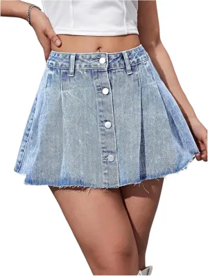 WDIRARA Women's Button Down High Waisted Denim Skirt Y2k Ruffle A Line Mini Skirts