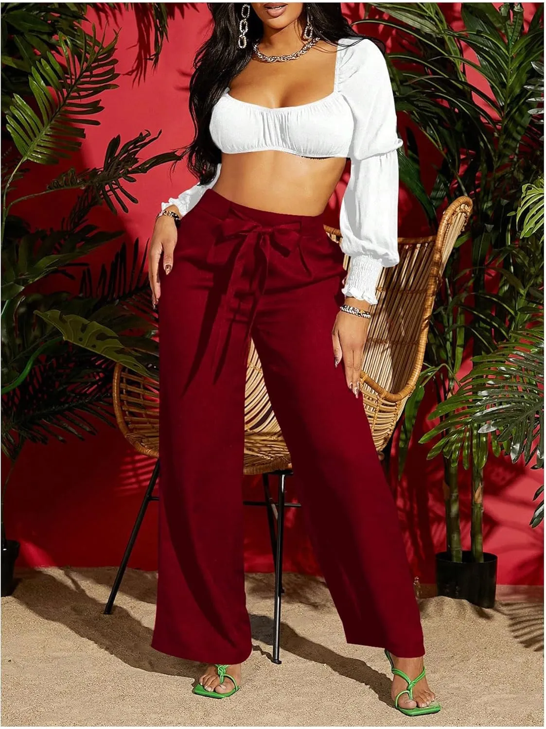 WDIRARA Women's High Waisted Wide Leg Long Pants Bow Drawstring Waist Dressy Casual Trousers