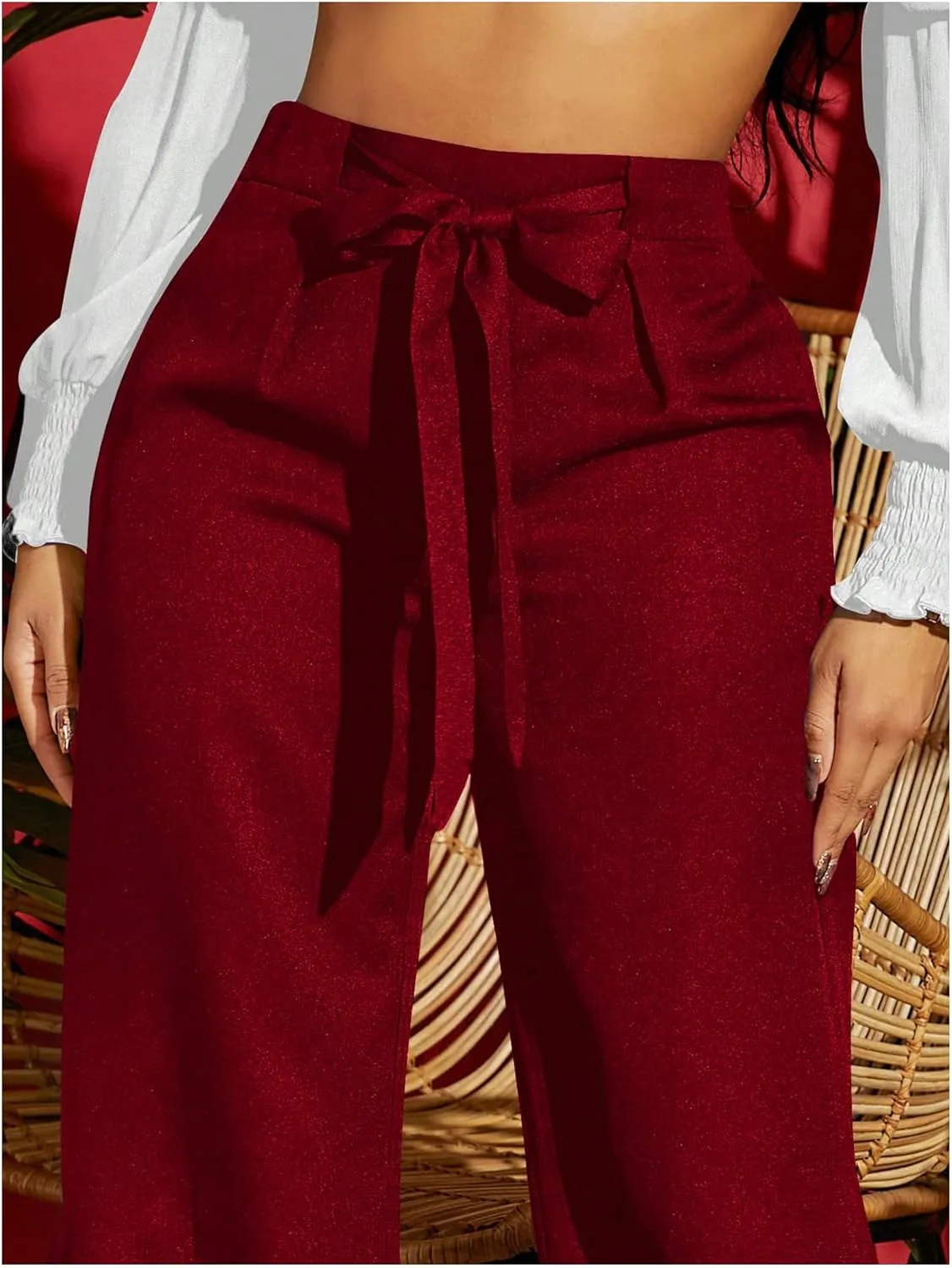 WDIRARA Women's High Waisted Wide Leg Long Pants Bow Drawstring Waist Dressy Casual Trousers