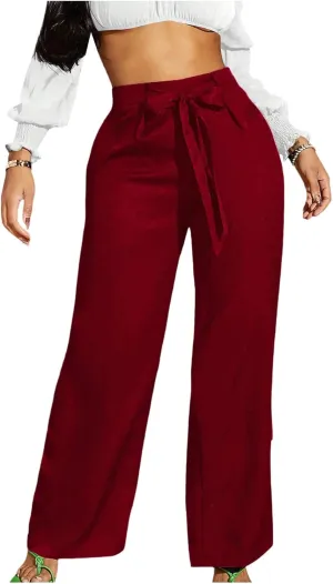 WDIRARA Women's High Waisted Wide Leg Long Pants Bow Drawstring Waist Dressy Casual Trousers